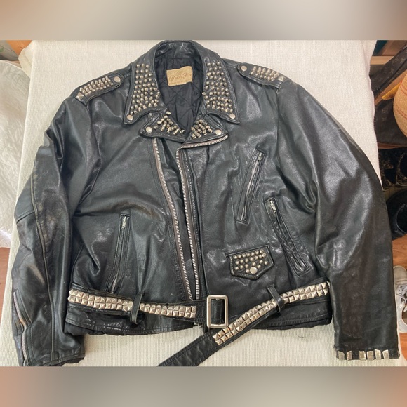 Black Leather Motorcycle Jacket Studded Vintage Brushfire Brand - Picture 1 of 15